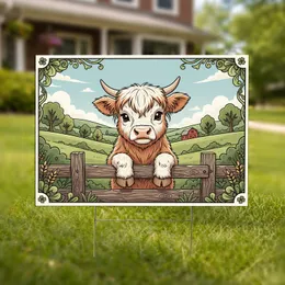 Baby Highland Cow Wooden Fence Farm Landscape - Farmhouse Decor Gift for Cow Lover Yard Sign