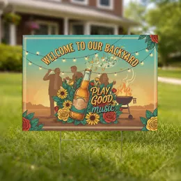 Welcome Backyard Beer Bottle Music Notes Garden Party Sunset Decor Yard Sign