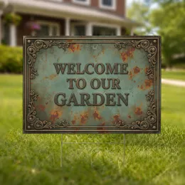 Welcome To Our Garden Aged Metal Floral Scrollwork - Garden Decor Yard Sign