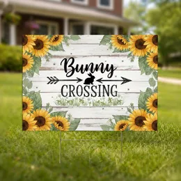 Bunny Crossing Sunflower Rustic Wood - Outdoor Garden Decor Yard Sign
