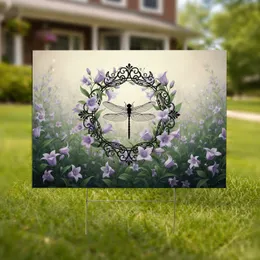Black Dragonfly Wreath Lavender Bellflowers Green Foliage - Nature Lover Gift Yard Sign