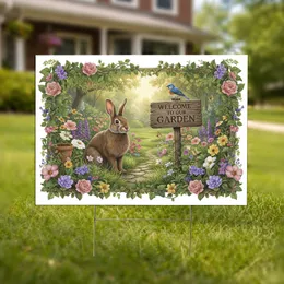 Welcome Garden Sign Rabbit Blue Bird - Outdoor Home Decor Gift for Garden Lover Yard Sign