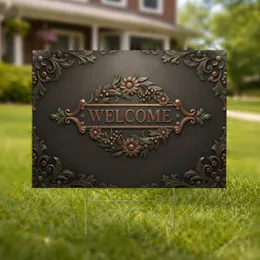WELCOME Antique Plaque Aged Metal Floral Wreath - Home Welcome Decor Yard Sign