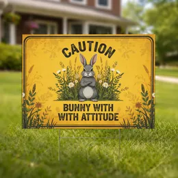 Caution Bunny With Attitude Stern Rabbit Foliage - Sun-Drenched Yellow Garden Decor Gift Yard Sign