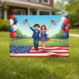 Cheerful Vintage Kids Waving American Flags - Independence Day 250th Celebration Yard Sign