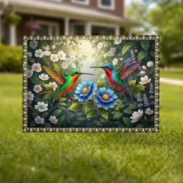 Jeweled Hummingbirds Blue Flowers Lush Garden - Wildlife Lover Garden Decor Gift Yard Sign