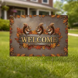 Squirrels Acorn Welcome Sign Autumn Foliage Rustic Home Decor Gift Yard Sign