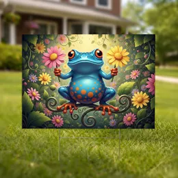 Blue Frog Pink Yellow Daisy Garden Art - Home Decor Gift for Garden Lover Yard Sign