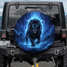 Black Lion Blue Glowing Eyes Lightning Halo Arcane Symbols - Fantasy Lover Gift Spare Tire Cover
