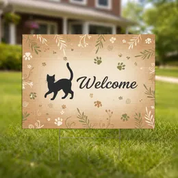 Elegant Cat Silhouette Welcome Paw Prints Botanical - Everyday Welcome Home Decor Yard Sign