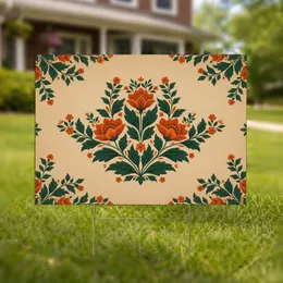 Folk Art Floral Crest Burnt Orange Layered Blossoms - Nature Lover Gift Yard Sign