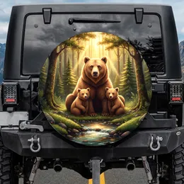 Majestic Mama Bear Cubs Forest Stream Golden Sunlight Wildlife Lover Gift Spare Tire Cover