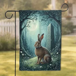 Brown Hare Ancient Celtic Stone Moonlit Forest - Nature Lover Home Decor Gift Garden Flag