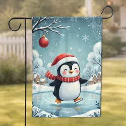 Santa Hat Penguin Ice Skater Snowy Village - Christmas Holiday Home Decor Gift Garden Flag