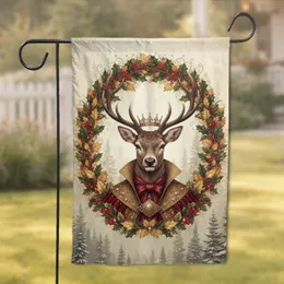 Regal Deer Crown Pearl Cape Holly Berries Autumn Leaves - Holiday Home Decor Gift for Wildlife Lover Garden Flag