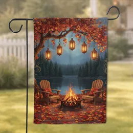Autumn Lakeside Fire Pit Lanterns Adirondack Chairs - Autumn Home Decor Gift Garden Flag
