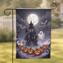 Grinning Jack-o'-Lanterns Haunted Houses Sheet Ghost 'Boo!' Sign Full Moon Halloween Decor Garden Flag