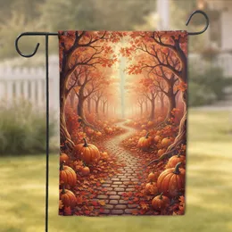 Magical Forest Autumn Leaves Pumpkins Cobblestone Path - Autumn Home Decor Garden Flag