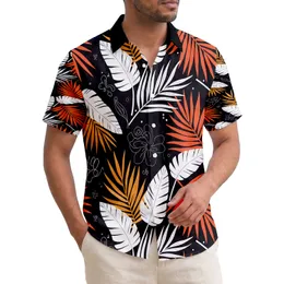 Orange Red Palm Fronds White Broad Leaf Foliage Black Background - Tropical Lover Gift Hawaiian Shirt
