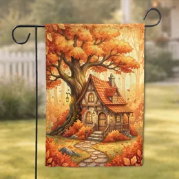 Fantasy Cottage Ancient Tree Autumn Forest with Fireflies - Fall Season Home Decor Gift Garden Flag
