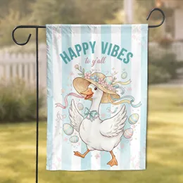 White Cartoon Goose Pearl Necklace Happy Vibes Easter Eggs Straw Hat - Spring Home Decor Gift Garden Flag