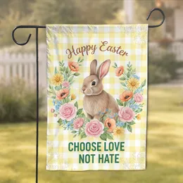 Watercolor Rabbit Gingham Floral Wreath - Happy Easter Spring Holiday Gift Garden Flag