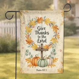 Give Thanks to the Lord Autumn Wreath Pumpkins Cross - Thanksgiving Home Decor Gift Garden Flag