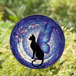 Black Winged Cat Crescent Moon Stars Flowers - Home Decor Gift for Cat Lover Stained Glass Suncatcher