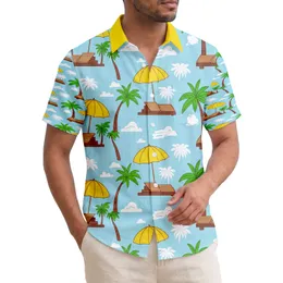 Green Palm Trees Yellow Umbrellas Wooden Loungers - Serene Beach Vacation Home Decor Gift Hawaiian Shirt