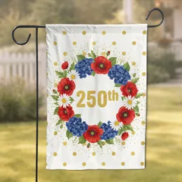 Shimmering Golden 250th Wreath Poppies Hydrangeas Daisies - Anniversary Celebration Garden Flag
