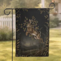 Majestic Brown Hare Leaping Muted Gold Botanical - Wildlife Lover Home Decor Garden Flag