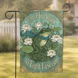 Green Frog On My Way to Fight Fascism Water Lily Activist Decor For Advocates Garden Flag