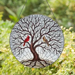 Cardinal Pair Bare Tree Sparkling Snow Roots Rocks - Bird Lover Home Decor Gift Stained Glass Suncatcher