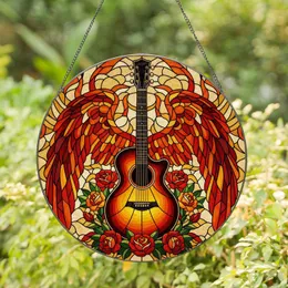 Fiery Acoustic Guitar Wings Blooming Rose Stained Glass - Music Lover Home Decor Gift Stained Glass Suncatcher