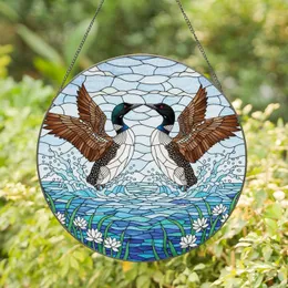 Two Loons Bursting Water Reeds Blooming Aquatic Flowers Clouds Bird Lover Home Decor Gift Stained Glass Suncatcher