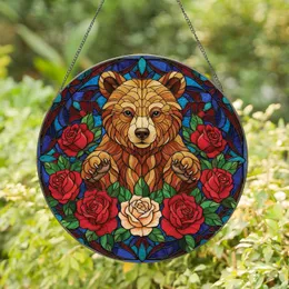Forward Facing Brown Bear Cub Rose Blooms Lush Leaves - Nature Wildlife Home Decor Gift Stained Glass Suncatcher