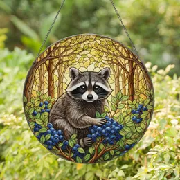 Baby Raccoon Blueberries Green Leaves Forest Tree Trunks - Wildlife Lover Home Decor Gift Stained Glass Suncatcher