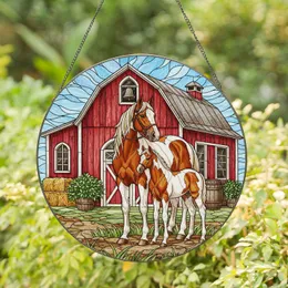 Pinto Horse Foal Red Barn Hay Bales Countryside Farm Home Decor Gift for Horse Lover Stained Glass Suncatcher