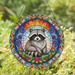 Baby Raccoon Stained Glass Floral Garland - Home Decor Gift for Wildlife Lover Stained Glass Suncatcher