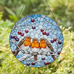 Four European Robins Snow Branches - Wildlife Lover Winter Home Decor Gift Stained Glass Suncatcher