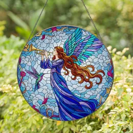 Angel Golden Trumpet Hummingbird Celestial Clouds Floral Tendrils - Home Decor Gift Stained Glass Suncatcher