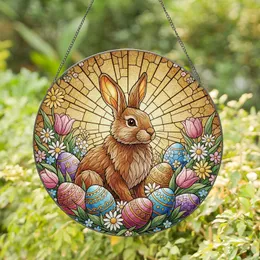 Easter Bunny Golden Light Rays Spring Flowers Easter Eggs - Easter Day Holiday Decor Stained Glass Suncatcher