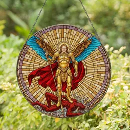 Victorious Archangel Michael Figure Over Demon Stained Glass - Spiritual Home Decor Gift Stained Glass Suncatcher
