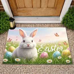 White Easter Bunny Happy Easter Eggs Spring Meadow - Easter Home Decor Gift Doormat