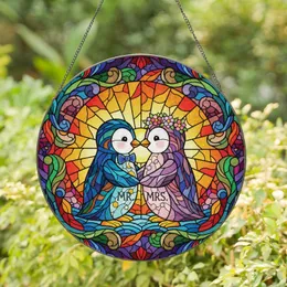 MR. & MRS. Penguins Nose-to-Nose Floral Crown Bowtie - Anniversary Couples Gift Stained Glass Suncatcher