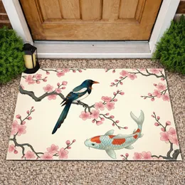 Magpie Koi Fish Blossoming Cherry Tree - Asian Floral Nature Home Decor Gift Doormat