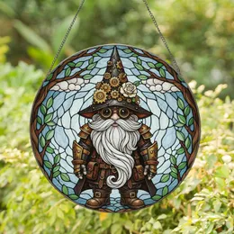 Steampunk Gnome Goggles Wizard Hat Brass Gears Rose - Home Decor Gift for Gnome Lover Stained Glass Suncatcher