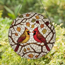 Cardinal Pair Autumn Leaves Branch - Home Decor Gift for Bird Lovers Stained Glass Suncatcher