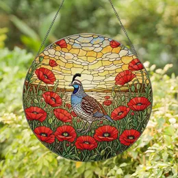 California Quail Red Poppy Tiffany Stained Glass Mosaic - Wildlife Lover Gift Stained Glass Suncatcher