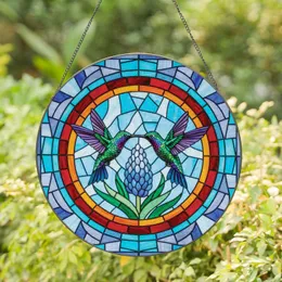 Blue Hyacinth Floral Beak Touching Hummingbirds - Home Decor Gift for Bird Lover Stained Glass Suncatcher